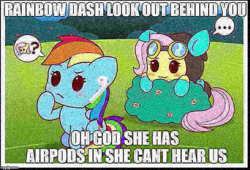 Size: 735x500 | Tagged: safe, artist:doctor-g, derpibooru import, edit, fluttershy, rainbow dash, airpods, bush, chibi, clothes, costume, dangerous mission outfit, deep fried meme, goggles, hoodie, imminent pounce, meme, needs more jpeg, squidward the truck's coming