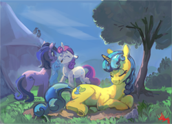 Size: 4575x3307 | Tagged: safe, artist:alumx, derpibooru import, lemon hearts, sea swirl, seafoam, twinkleshine, pony, unicorn, background pony, eyes closed, female, grass, lying down, mare, painting, scenery, smiling, talking, tree