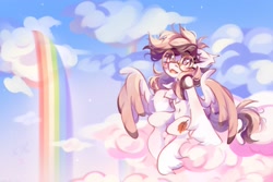 Size: 2048x1365 | Tagged: safe, artist:vanilla-chan, derpibooru import, oc, oc only, pegasus, pony, cloud, commission, glasses, on a cloud, open mouth, rainbow, rainbow waterfall, sitting, sitting on cloud, solo, spread wings, wings