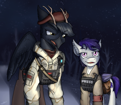 Size: 4433x3843 | Tagged: safe, artist:buckweiser, derpibooru import, oc, oc:gráinne ní bhroin, oc:purple haze, bat pony, amputee, anarchism, anarchist, beret, body armor, camouflage, capra, capran civil war, clothes, coat, cybernetic eyes, deergriff, hat, nighthaze, plate carrier, prosthetic eye, prosthetics, radio, reporter, scarf, snow, uniform, wings