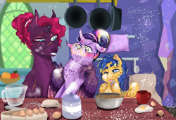 Size: 2200x1500 | Tagged: safe, artist:miyalaflordorada, derpibooru import, flash sentry, tempest shadow, twilight sparkle, twilight sparkle (alicorn), alicorn, pegasus, pony, unicorn, alternate hairstyle, baking, bisexual, blushing, broken horn, chest fluff, claws, commission, ears, egg (food), female, floppy ears, flour, flustered, food, glasses, hair bun, horn, kitchen, lesbian, male, mare, one eye closed, polyamory, round glasses, scar, shipping, stallion, straight, tempestflashlight, trio, twilight's castle, wing claws, wings