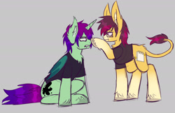 Size: 2430x1575 | Tagged: safe, artist:mxmx fw, derpibooru import, oc, oc only, oc:comet shine, oc:midnight ray, bat pony, donkey, hybrid, unicorn, bat pony oc, bat pony unicorn, best friends, clothes, donkey oc, emo, glasses, horn, male, nonbinary, piercing, scene, scene kid, wings