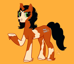 Size: 2839x2448 | Tagged: safe, derpibooru import, oc, oc only, oc:maize dancer, pony, unicorn, fallout equestria, black hair, coat markings, commission, cute, cutie mark, fallout equestria oc, female, gift art, green eyes, grin, gypsy vanner, hooves, horn, mare, raised hoof, raised leg, simple background, smiling, solo, white hooves, wind chime