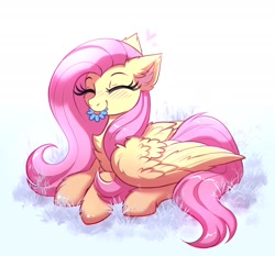 Size: 2048x1908 | Tagged: safe, artist:confetticakez, derpibooru import, fluttershy, pegasus, pony, blushing, chest fluff, colored pinnae, cute, daaaaaaaaaaaw, ear fluff, ears, eating, eating flower, eyes closed, female, floating heart, flower, folded wings, heart, herbivore, hoof fluff, horses doing horse things, lying down, mare, mouth hold, prone, shyabetes, simple background, solo, sweet dreams fuel, three quarter view, white background, wings