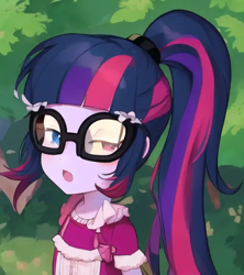 Size: 512x576 | Tagged: safe, artist:luckreza8, derpibooru import, edit, edited screencap, machine learning generated, screencap, sci-twi, twilight sparkle, human, better together, equestria girls, the road less scheduled, the road less scheduled: fluttershy, anime, female, glasses, pinegraph