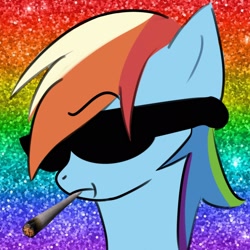 Size: 2048x2048 | Tagged: safe, artist:smoogiie, derpibooru import, rainbow dash, blunt, bust, drugs, marijuana, portrait, rainbow background, satire, smoking, solo, stylistic suck, sunglasses