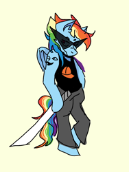 Size: 768x1024 | Tagged: safe, derpibooru exclusive, derpibooru import, rainbow dash, pegasus, semi-anthro, clothes, dirk strider, female, homestuck, hoof hold, katana, mare, multicolored hair, pants, rainbow hair, shirt, sword, weapon