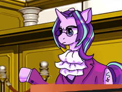 Size: 961x726 | Tagged: safe, artist:mossybranch, derpibooru exclusive, derpibooru import, starlight glimmer, pony, unicorn, ace attorney, alternate hairstyle, clothes, courtroom, glasses, jabot, miles edgeworth, prosecutor, round glasses, ruff (clothing), solo, suit, two toned mane