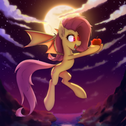 Size: 3000x3000 | Tagged: safe, artist:o0o-bittersweet-o0o, derpibooru import, fluttershy, alien, bat pony, pegasus, pony, apple, backlighting, bat ponified, blurry background, chest fluff, cloud, colored, concave belly, depth of field, ear fluff, ears, fangs, female, flutterbat, flying, food, glowing, glowing eyes, hoof hold, imminent nom, lighting, long tail, looking at something, mare, moon, moonlight, night, night sky, open mouth, race swap, red eyes, shading, sky, slim, smiling, solo focus, spread wings, starry sky, tail, teeth, thin, ufo, wings