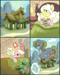 Size: 2000x2500 | Tagged: safe, artist:euspuche, derpibooru import, oc, oc:alabaster, oc:carmen garcía, earth pony, unicorn, bed, bedroom, destruction, earth pony oc, female, flower, horn, house, lily (flower), male, mare, reading, running, spanish text, stallion, unicorn oc