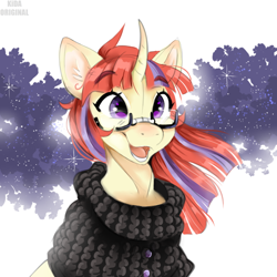 Size: 552x552 | Tagged: safe, artist:kidaoriginal, derpibooru import, moondancer, pony, unicorn, adorkable, bust, clothes, curved horn, cute, dancerbetes, dork, ear fluff, ears, female, glasses, horn, mare, open mouth, open smile, portrait, simple background, smiling, solo, sternocleidomastoid, sweater, taped glasses, three quarter view, white background