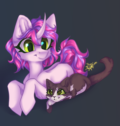 Size: 3018x3181 | Tagged: safe, artist:jsunlight, derpibooru import, oc, oc only, cat, pony, unicorn, curved horn, gradient background, horn, lying down, prone, smiling, solo