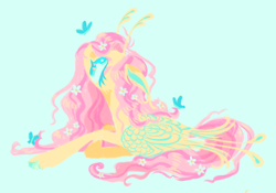Size: 1280x898 | Tagged: safe, artist:webkinzworldz, derpibooru import, fluttershy, butterfly, pegasus, pony, alternate design, antenna, antennae, blue background, colored hooves, female, flower, flower in hair, flower in tail, folded wings, looking at something, looking up, lying down, simple background, solo, tail, wings