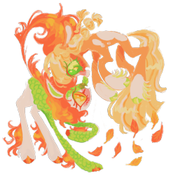 Size: 1280x1314 | Tagged: safe, artist:webkinzworldz, derpibooru import, applejack, autumn blaze, earth pony, kirin, pony, alternate design, autumnjack, blushing, duo, female, leaves, lesbian, shipping, simple background, transparent background