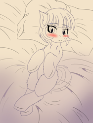 Size: 3350x4450 | Tagged: safe, artist:slurpymisu, derpibooru import, oc, oc only, oc:courtney, monster pony, original species, pony, youkai, akaname, bed, bedroom, blushing, female, fluffy, imminent sex, lewd, looking at you, lying down, mare, outline, shy, sketch, surprised