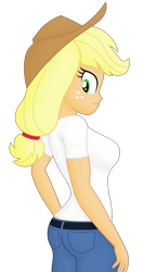 Size: 2163x3742 | Tagged: safe, artist:ah96, derpibooru import, editor:ah96, applejack, human, equestria girls, applejack's hat, applerack, blue jeans, breasts, clothes, cowboy hat, female, freckles, frown, hat, high res, looking at you, looking back, looking back at you, ms paint, pants, shading, simple background, solo, three quarter view, transparent background