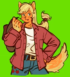 Size: 1719x1881 | Tagged: safe, artist:f1sh1es, derpibooru import, applejack, anthro, cat, :p, applecat, catified, clothes, denim, green background, jacket, jeans, pants, simple background, solo, species swap, tongue, tongue out