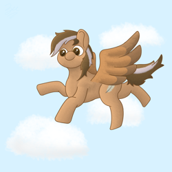 Size: 2048x2048 | Tagged: safe, artist:zugatti69, derpibooru import, oc, oc only, pegasus, pony, blue background, brown eyes, brown hair, brown mane, colored wings, concave belly, flying, signature, simple background, smiling, two toned mane, two toned wings, wings