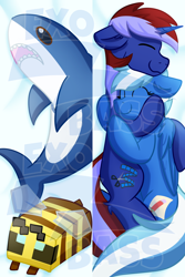 Size: 6330x9449 | Tagged: safe, artist:exobass, derpibooru import, oc, bee, insect, pegasus, shark, unicorn, blåhaj, body pillow, minecaft bee, minecraft, plushie, shark plushie