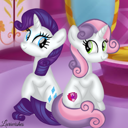 Size: 1400x1400 | Tagged: safe, artist:mlplary6, derpibooru import, rarity, sweetie belle, pony, unicorn, female, looking at each other, looking at someone, mare, older, older sweetie belle, sibling love, siblings, sisters, sitting, smiling, smiling at each other