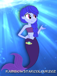 Size: 768x1024 | Tagged: safe, artist:rainbowstarcolour262, derpibooru import, human, mermaid, equestria girls, bare shoulders, belly button, braid, cutie mark, female, fish tail, hand on hip, mermaid tail, mermaidized, solo, space camp, species swap, strapless bra, tail, underwater, water