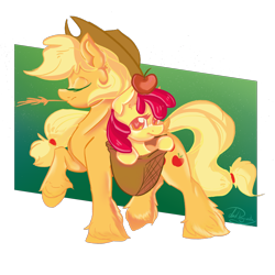 Size: 2000x2000 | Tagged: safe, artist:dankpegasista, derpibooru exclusive, derpibooru import, apple bloom, applejack, earth pony, pony, apple, apple bloom is not amused, apple sisters, applejack's hat, basket, big eyes, bipedal, cel shading, clothes, cowboy hat, digital art, duo, duo female, ear fluff, ears, eyelashes, eyes closed, female, filly, flowy mane, foal, food, full body, gradient background, green background, hair tie, happy, hat, heart, heart eyes, highlights, krita, lineart, long hair, long tail, looking at you, mare, messy mane, png, pony in a basket, raised hoof, raised leg, shading, siblings, signature, simple background, sisters, smiling, smirk, sparkles, straw in mouth, tail, three quarter view, transparent background, unamused, unshorn fetlocks, walking, wingding eyes