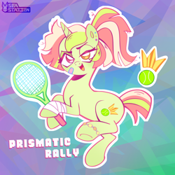 Size: 3000x3000 | Tagged: safe, artist:seasemissary, derpibooru import, oc, oc:prismatic rally, pony, unicorn, ball, female, mare, quadrupedal, solo, tennis ball, tennis racket