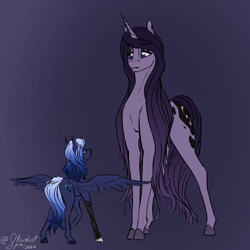 Size: 4000x4000 | Tagged: safe, artist:stardustspix, oc, oc only, oc:andromeda arcanum, oc:kyanite arc, pegasus, pony, unicorn, absurd resolution, amputee, blue eyes, blue mane, duo, eyeshadow, female, gradient mane, horn, larger female, lidded eyes, male, mare, prosthetic leg, prosthetic limb, prosthetics, purple mane, size difference, smaller male, spread wings, stallion, tall, wings