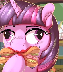 Size: 1475x1667 | Tagged: safe, artist:2fat2fly, derpibooru import, twilight sparkle, pony, unicorn, bread, burger, cross-eyed, derp, ear fluff, ears, eating, female, food, hay, hay burger, horn, ketchup, lettuce, majestic as fuck, mare, messy eating, sauce, solo, that pony sure does love burgers, tomato, twilight burgkle