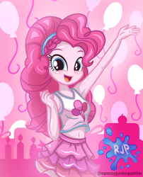 Size: 2015x2490 | Tagged: safe, artist:rjp.rammy, derpibooru import, pinkie pie, human, better together, equestria girls, armpits, bare shoulders, belly button, blushing, breasts, clothes, cute, cutie mark on clothes, diapinkes, female, looking at you, open mouth, open smile, pinkie pies, reasonably sized breasts, signature, sleeveless, smiling, smiling at you, solo, tanktop
