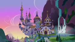 Size: 1280x720 | Tagged: safe, derpibooru import, g4, the crystal empire, the ending of the end, the summer sun setback, canterlot, canterlot castle, castle, dusk, evening, no pony, sunset, water, waterfall