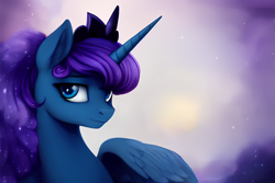 Size: 1920x1280 | Tagged: safe, derpibooru exclusive, derpibooru import, editor:dovakkins, generator:stable diffusion, machine learning generated, princess luna, alicorn, pony, abstract background, bust, cloud, cloudy, ear fluff, ears, ethereal mane, feather, female, galaxy mane, jewelry, missing accessory, one wing out, regalia, sky, smiling, solo, stars, wavy mane, wings