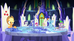 Size: 1280x720 | Tagged: safe, derpibooru import, screencap, applejack, fluttershy, pinkie pie, rainbow dash, rarity, spike, dragon, earth pony, pegasus, pony, unicorn, school daze, cutie map, quill, scroll, twilight's castle