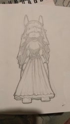 Size: 380x675 | Tagged: safe, artist:lockheart, derpibooru import, oc, oc only, anthro, earth pony, arm hooves, clothes, dress, female, grayscale, mare, monochrome, pencil drawing, solo, traditional art, veil, wedding dress