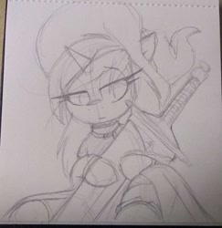 Size: 658x676 | Tagged: safe, artist:lockheart, derpibooru import, oc, oc only, pony, unicorn, grayscale, hat, hoof hold, lidded eyes, looking at something, looking down, monochrome, pencil drawing, solo, sword, traditional art, weapon, witch hat