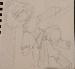 Size: 732x676 | Tagged: safe, artist:lockheart, derpibooru import, oc, oc only, earth pony, semi-anthro, clothes, grayscale, hanging, monochrome, pencil drawing, solo, traditional art