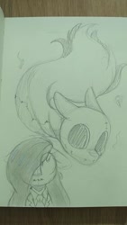 Size: 380x675 | Tagged: safe, artist:lockheart, derpibooru import, oc, oc only, earth pony, ghost, ghost pony, pony, ears, floppy ears, grayscale, monochrome, pencil drawing, stitches, traditional art