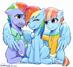 Size: 2500x2300 | Tagged: safe, artist:xiaowu07, derpibooru import, bow hothoof, rainbow dash, windy whistles, pegasus, pony, g4, blushing, clothes, eye clipping through hair, eyebrows, eyebrows visible through hair, eyes closed, family, father and child, father and daughter, female, folded wings, freckles, high res, hug, male, mare, mother and child, mother and daughter, open mouth, open smile, parent and child, rainbow dash's parents, signature, simple background, sitting, smiling, stallion, trio, white background, winghug, wings