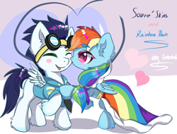 Size: 4096x3119 | Tagged: safe, artist:celedash, derpibooru import, rainbow dash, soarin', pegasus, pony, clothes, dress, female, kissing, male, mare, shipping, simple background, soarindash, stallion, straight, uniform