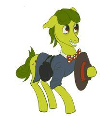 Size: 1024x1183 | Tagged: safe, artist:taffy, derpibooru import, oc, oc only, oc:weekend hussler, earth pony, pony, fallout equestria, bag, bowtie, clothes, con artist, grin, hat, looking up, male, saddle bag, shirt, simple background, smiling, solo, stallion, tail, transparent background