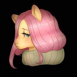 Size: 1280x1280 | Tagged: safe, artist:ilia--art, derpibooru import, fluttershy, pegasus, pony, black background, bust, clothes, female, lidded eyes, looking at you, mare, profile, simple background, solo, sweater, turtleneck