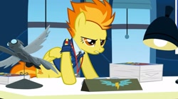 Size: 2160x1210 | Tagged: safe, derpibooru import, screencap, spitfire, pegasus, pony, wonderbolts academy, angry, annoyed, autograph, clothes, desk, drill sergeant, female, lamp, mare, necktie, needs more jpeg, office, solo, spitfire's office, suit, uniform, whistle, whistle necklace, window, wonderbolts, wonderbolts dress uniform