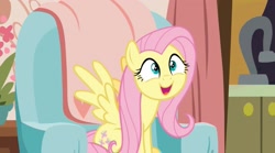 Size: 2129x1186 | Tagged: safe, derpibooru import, screencap, fluttershy, pegasus, pony, discordant harmony, chair, curtains, excited, female, happy, kitchen, living room, mare, sink, sitting, solo, spread wings, wings