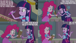 Size: 2000x1125 | Tagged: safe, derpibooru import, edit, edited screencap, editor:quoterific, screencap, pinkie pie, twilight sparkle, equestria girls, equestria girls (movie), clipboard, pen