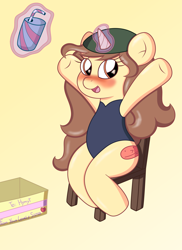 Size: 2550x3509 | Tagged: safe, artist:sparkfler85, derpibooru import, oc, oc only, oc:hymyt, pony, unicorn, arms in the air, blushing, box, chair, clothes, drink, female, happy, hat, magic, mare, one-piece swimsuit, present, school swimsuit, simple background, sitting, solo, swimsuit, telekinesis