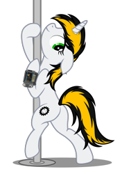 Size: 3877x5522 | Tagged: safe, artist:equestria secret guard, derpibooru import, oc, oc only, oc:446, pony, unicorn, fallout equestria, butt, fallout, female, horn, jewelry, looking at you, mare, pipbuck, plot, pole, pole dancing, sexy, simple background, stripper pole, transparent background, unicorn oc