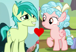 Size: 972x668 | Tagged: safe, derpibooru import, edit, edited screencap, screencap, cozy glow, ocellus, sandbar, earth pony, pegasus, pony, marks for effort, school daze, age difference, colt, cozybar, female, filly, foal, heart, male, shipping, shipping domino, smiling, straight, teenager