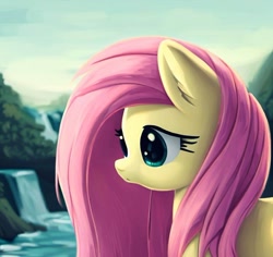 Size: 1024x967 | Tagged: artist needed, safe, derpibooru import, fluttershy, pegasus, pony, river, solo, water, waterfall