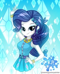 Size: 1080x1335 | Tagged: safe, artist:rjp.rammy, derpibooru import, rarity, human, better together, equestria girls, armpits, bare shoulders, bracelet, breasts, clothes, cutie mark on clothes, female, hairpin, hand on hip, jewelry, looking at you, ponytail, raritits, rarity peplum dress, reasonably sized breasts, signature, sleeveless, smiling, smiling at you, solo