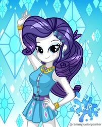 Size: 1080x1335 | Tagged: safe, alternate version, artist:rjp.rammy, derpibooru import, rarity, human, equestria girls, equestria girls series, armpits, bare shoulders, bracelet, breasts, clothes, cutie mark on clothes, female, hairpin, hand on hip, jewelry, looking at you, ponytail, raritits, rarity peplum dress, reasonably sized breasts, signature, sleeveless, smiling, smiling at you, solo
